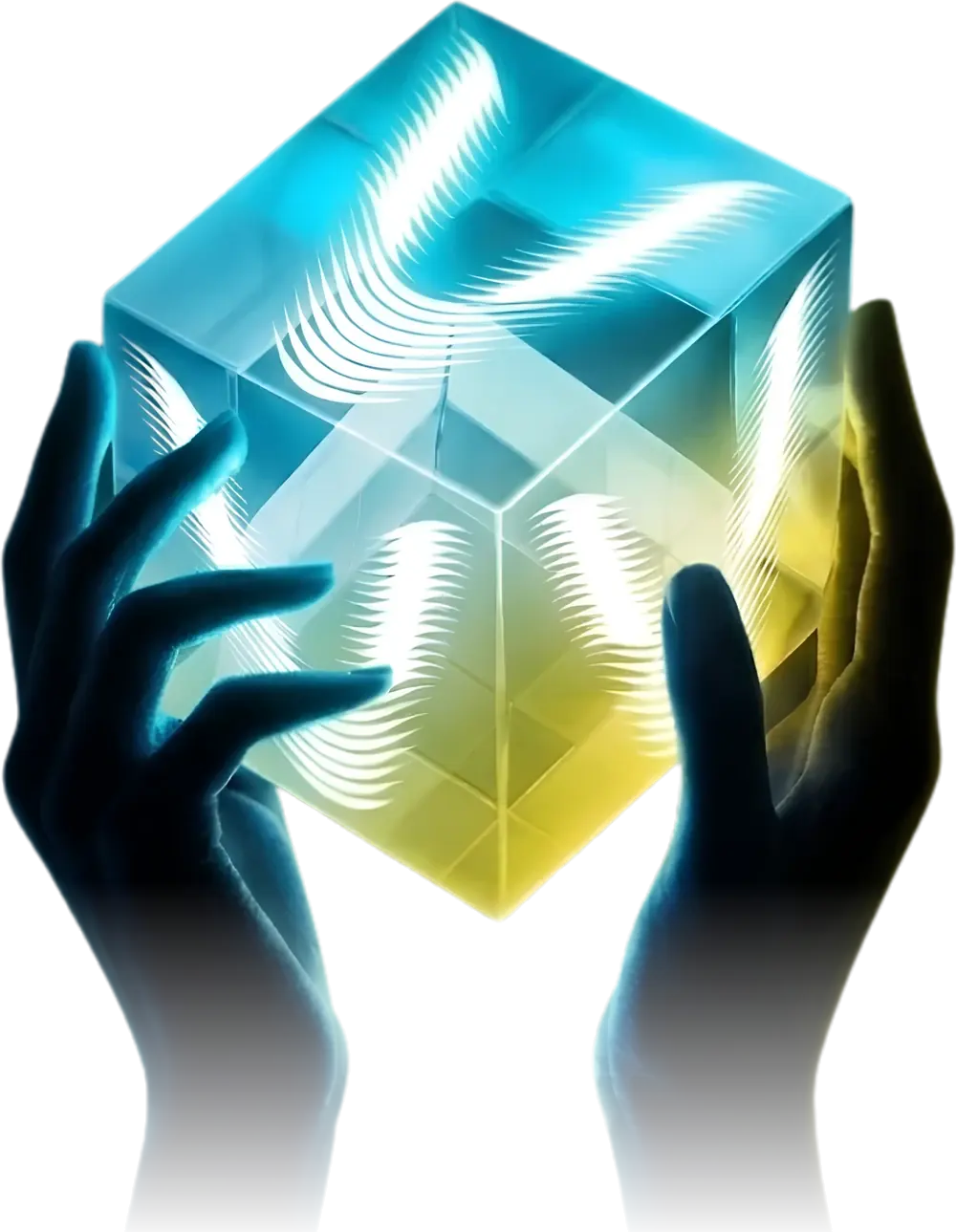 Hands holding a glowing glass cube