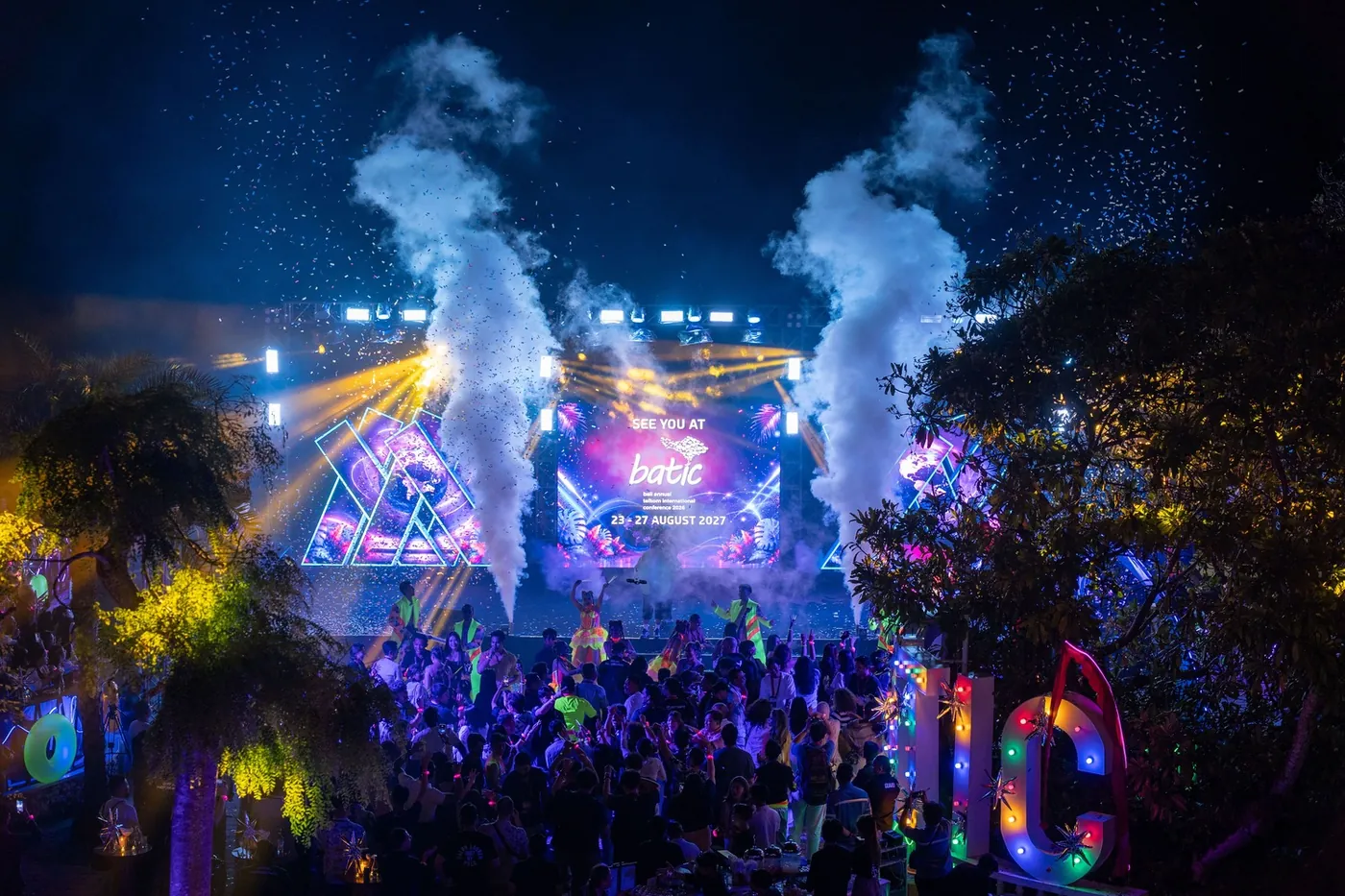 BATIC 2026 night stage with smoke, confetti and a crowd on the dance floor